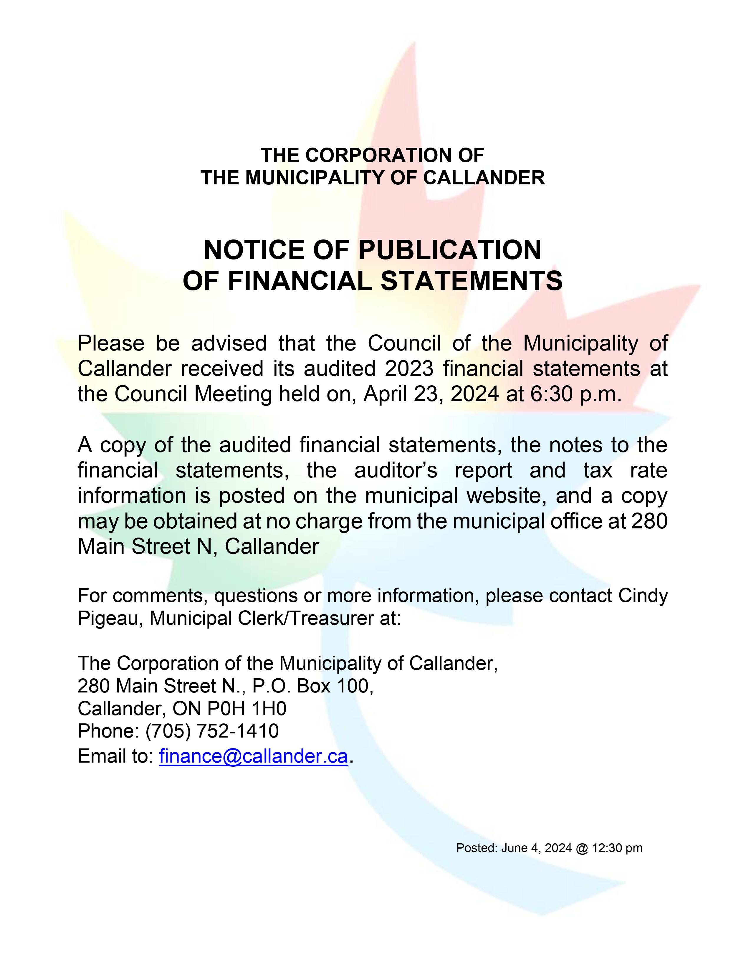 NOTICE OF PUBLICATION  OF FINANCIAL STATEMENTS